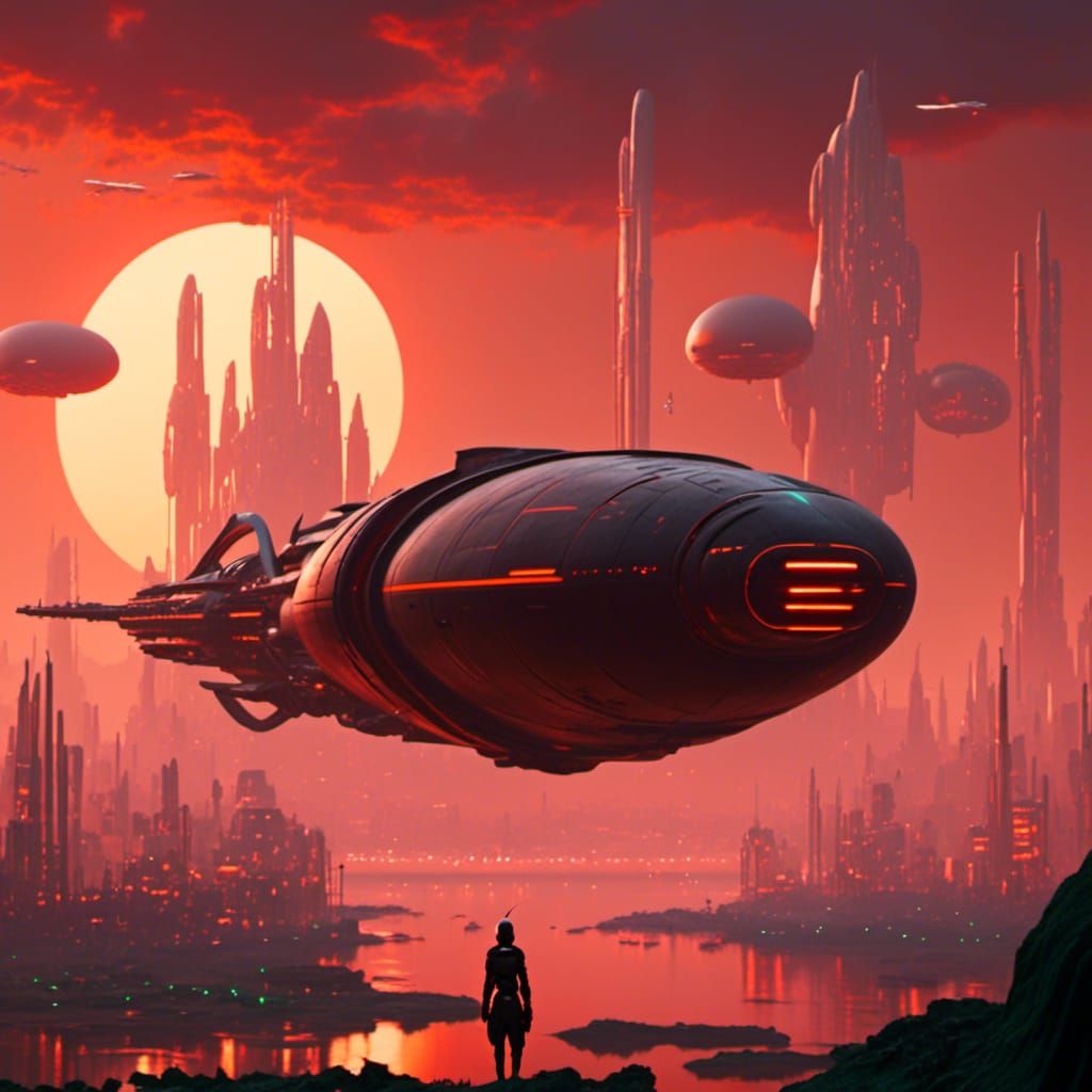 Levitating Alien Airships with Futuristic Buildings