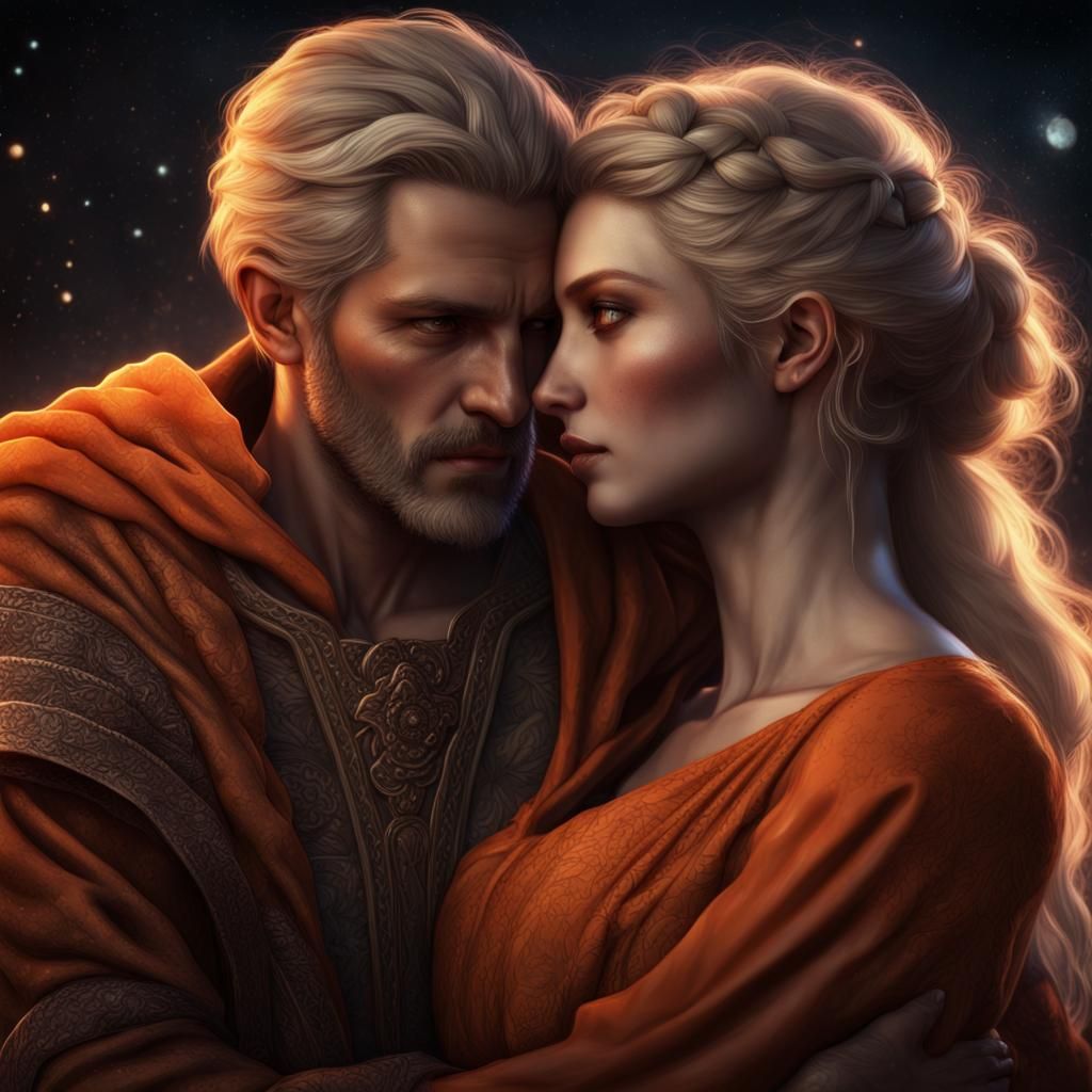 Braided Priestess Hugging a Man: Fantasy Concept Art