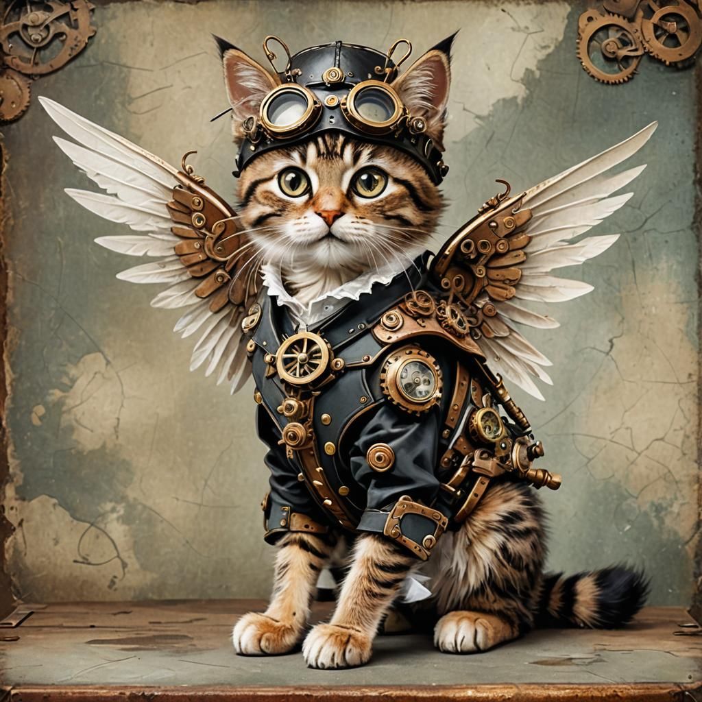 Steampunk Kitten with Mechanical Wings and Goggles