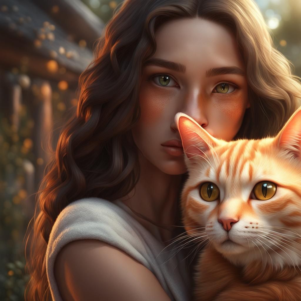 Girl and Woman with Cat: Fantasy Art