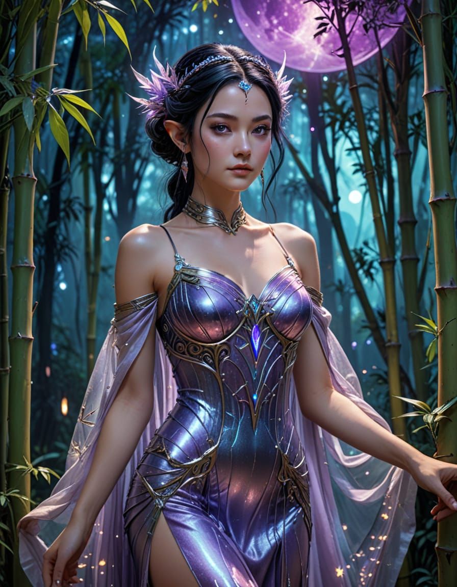 Elven Queen in Bamboo Forest with Retro Arcade Machines
