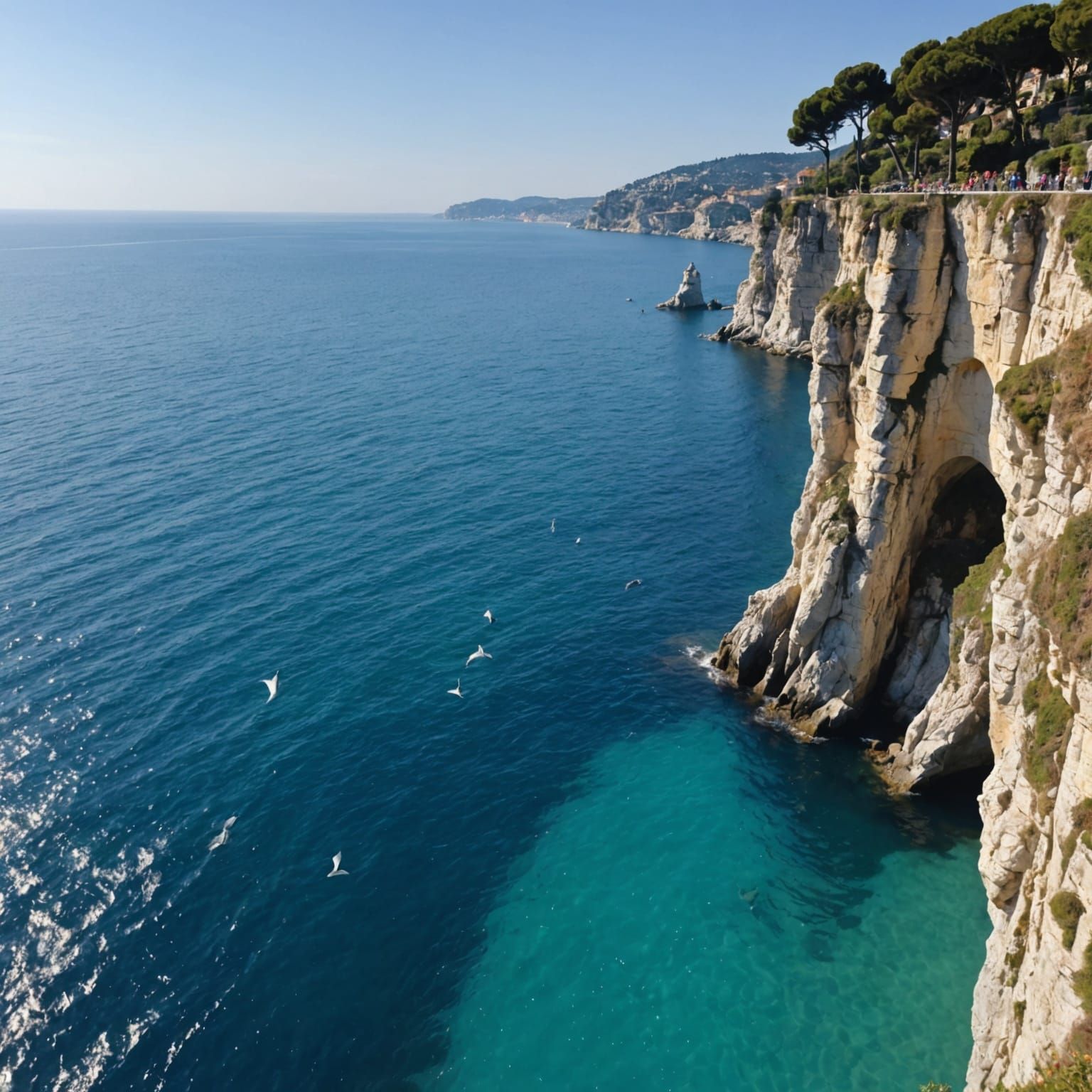 Fairy Women Watch Mermaid & Dolphins on Sunny Cliff