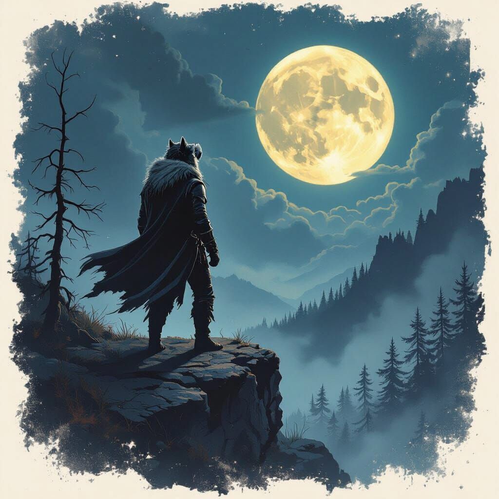 Lone Wolf Howling at Moon, Frazetta Style