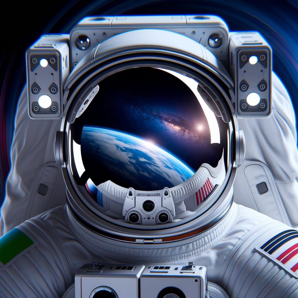 Astronaut Helmet Reflects Cosmic Beauty in Mixed Media