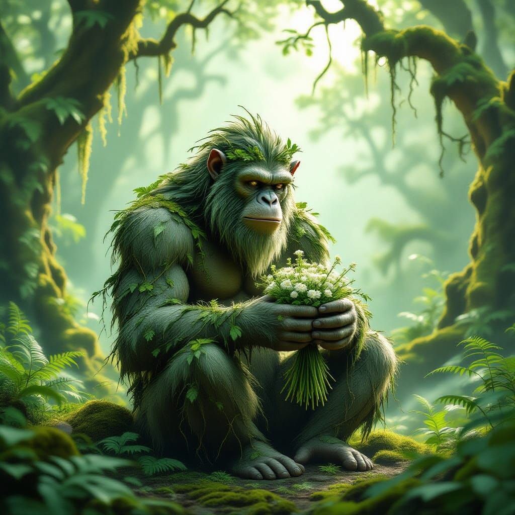 Moss-Covered Ape Sits Amidst Emerald Forest