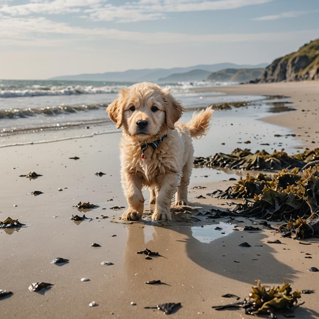 Golden Puppy Frolics on Quiet Beach