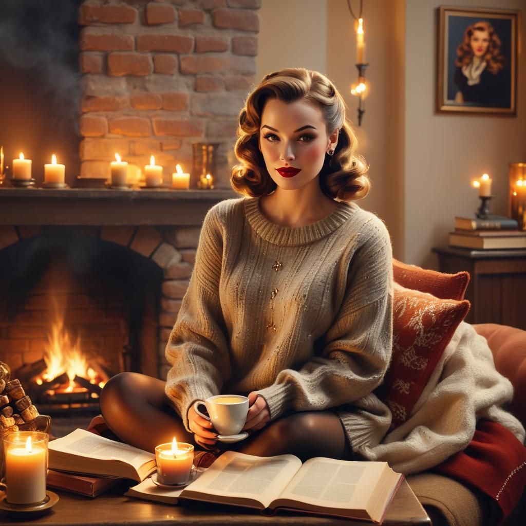 Cozy Woman by Fireplace in Pin-Up Style