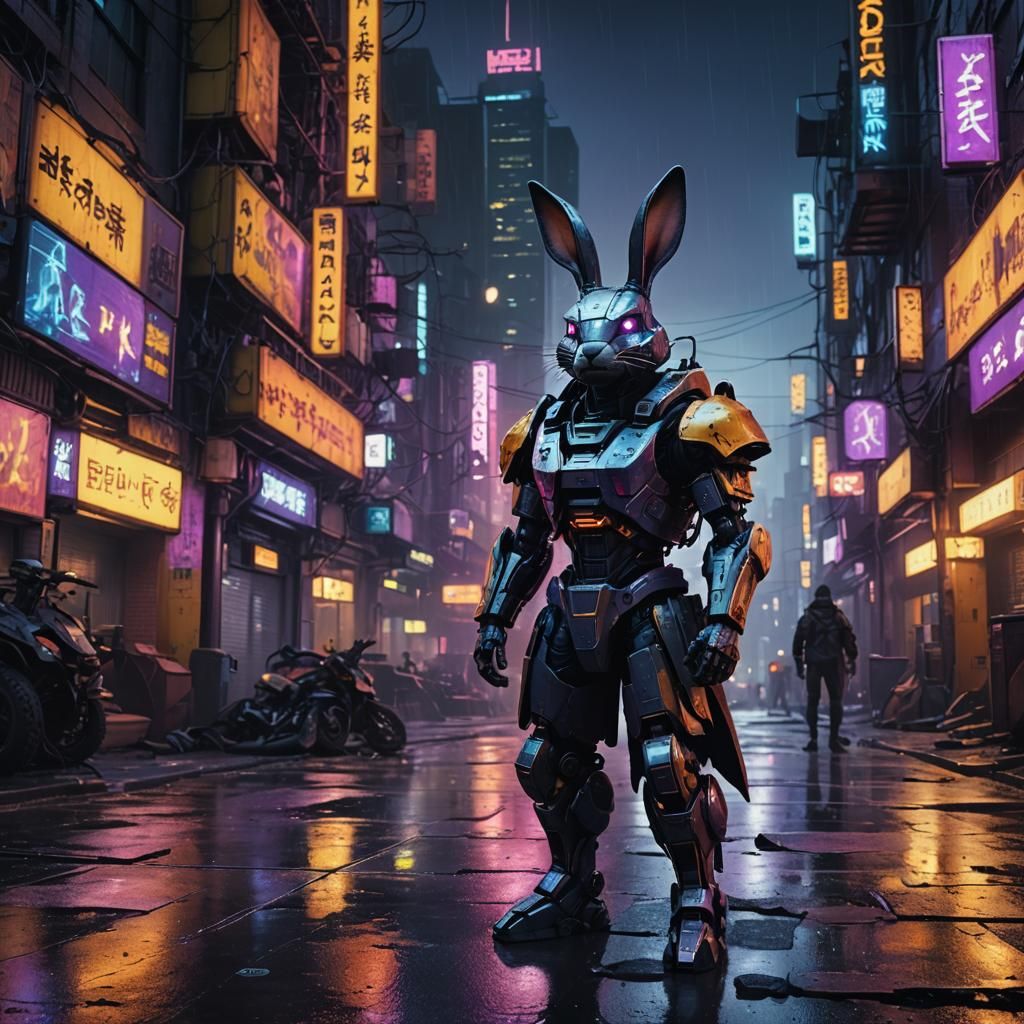 Cyberpunk Robot Rabbit Warrior in Sci-Fi City