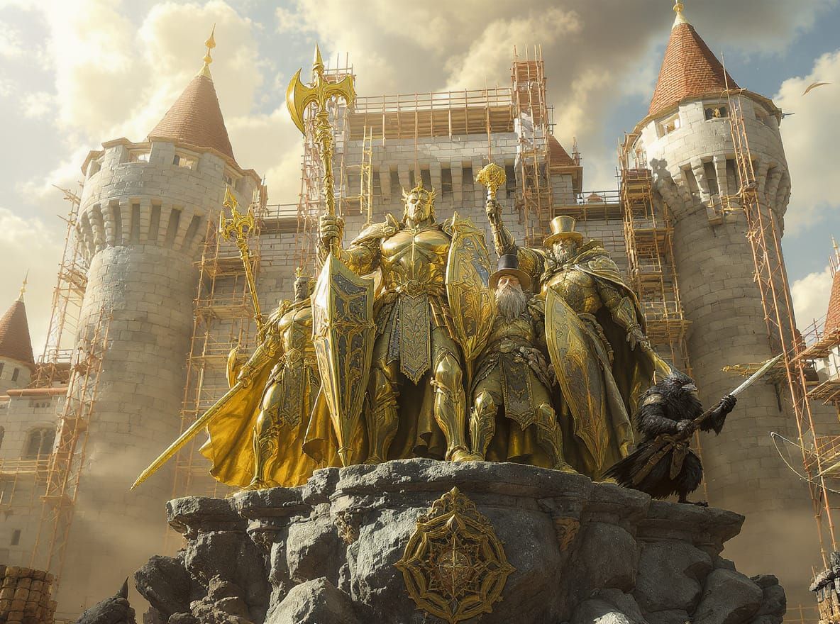 Golden Adventurer Statue Before Castle, Realism Style