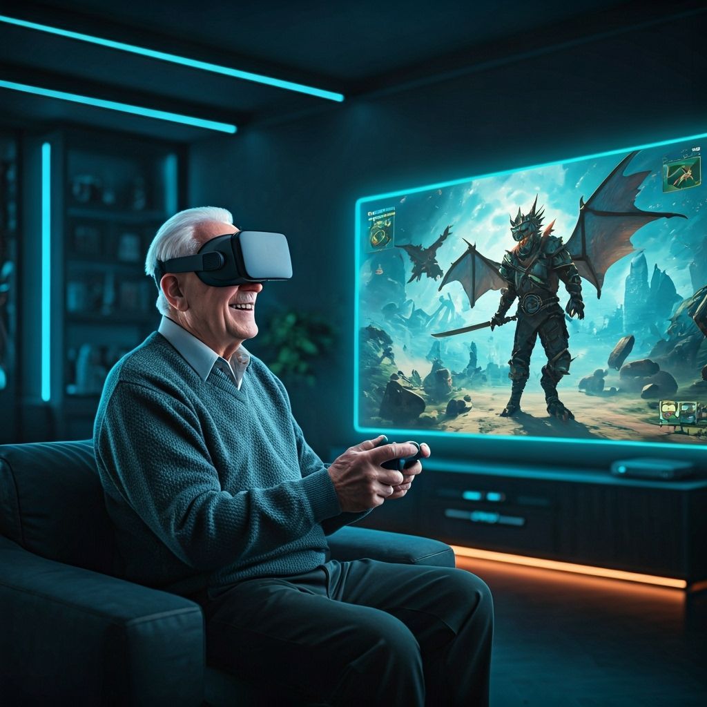 Elderly Gamer's Futuristic VR Dragon Battle