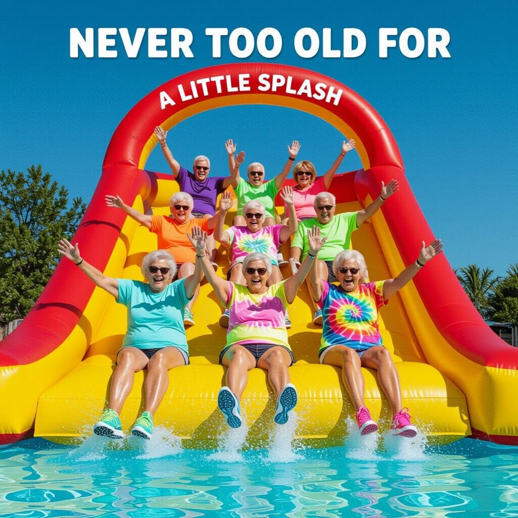 Seniors Having Fun on a Giant Water Slide