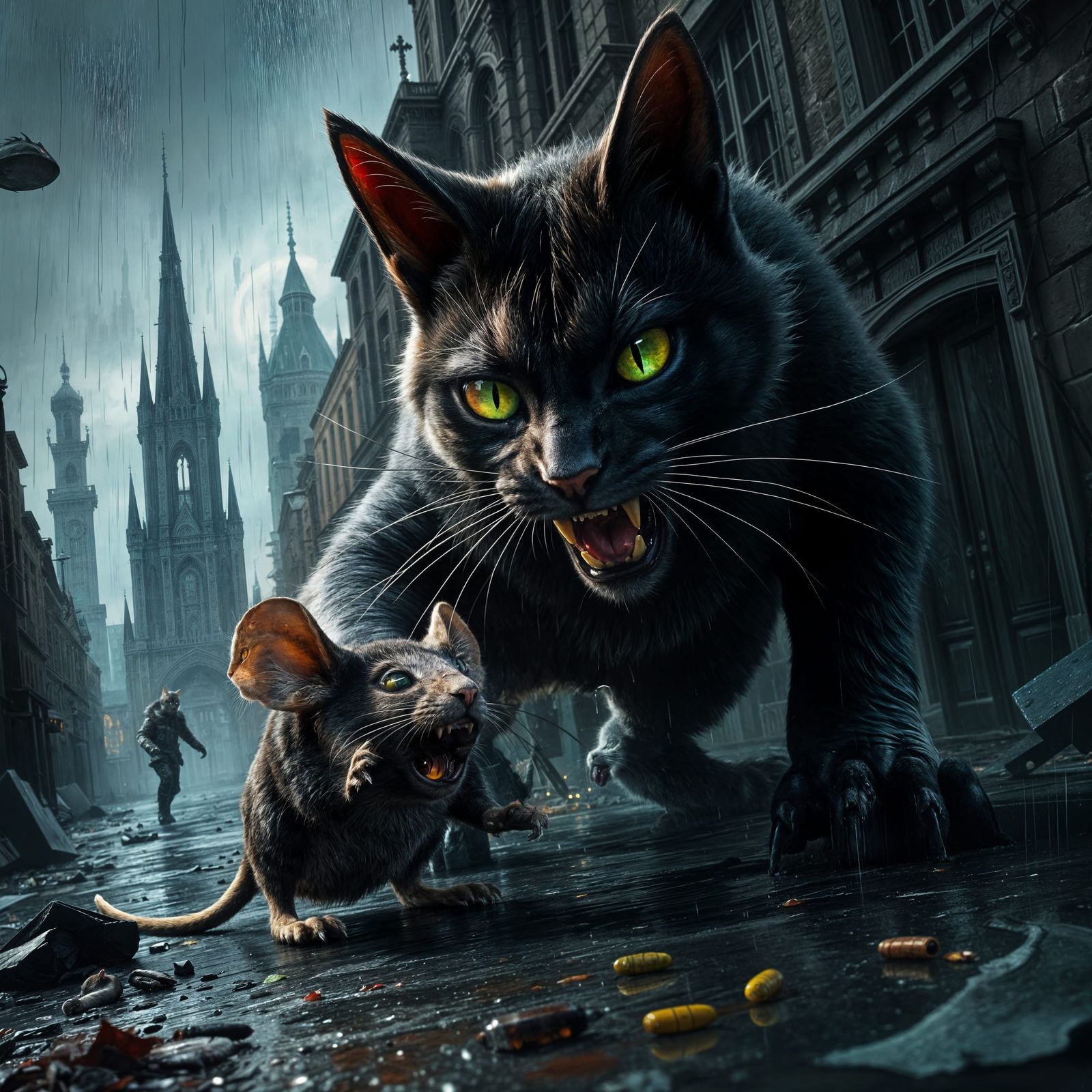Cat Hunting Mouse in Rainy City: Matte Painting