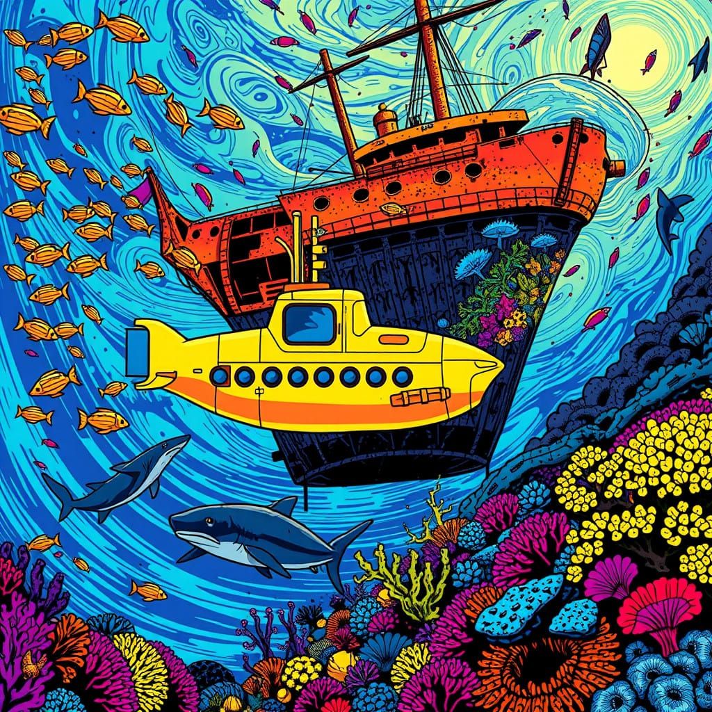 Vibrant Yellow Submarine in a Kaleidoscopic Underwater Scene