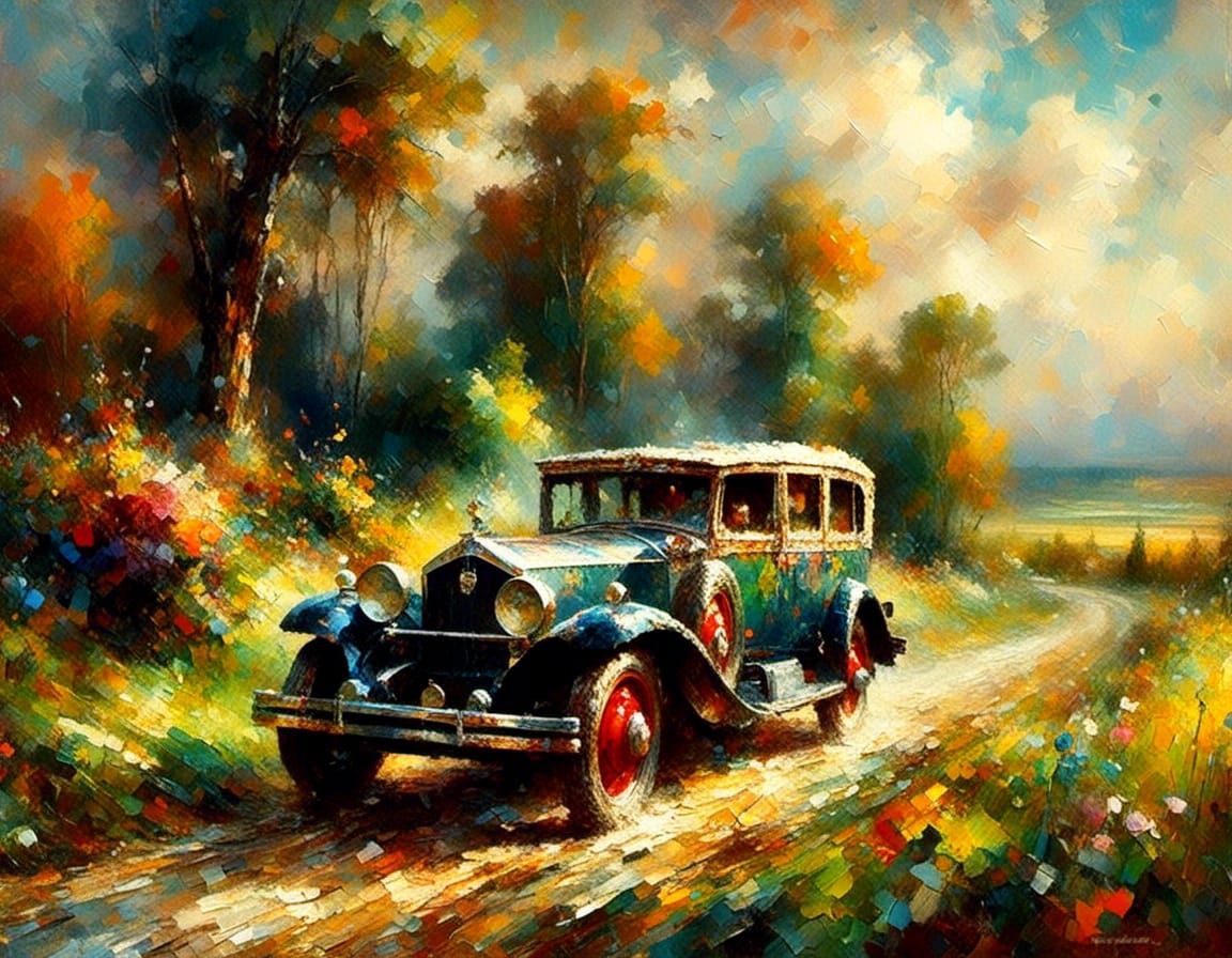 Packard Car in Countryside, Oil and Grunge Style