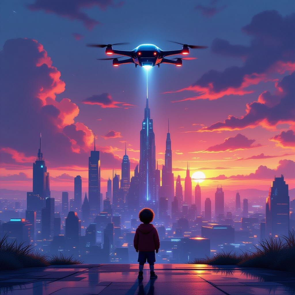 Child Gazes at Futuristic City Under Dramatic Sunset
