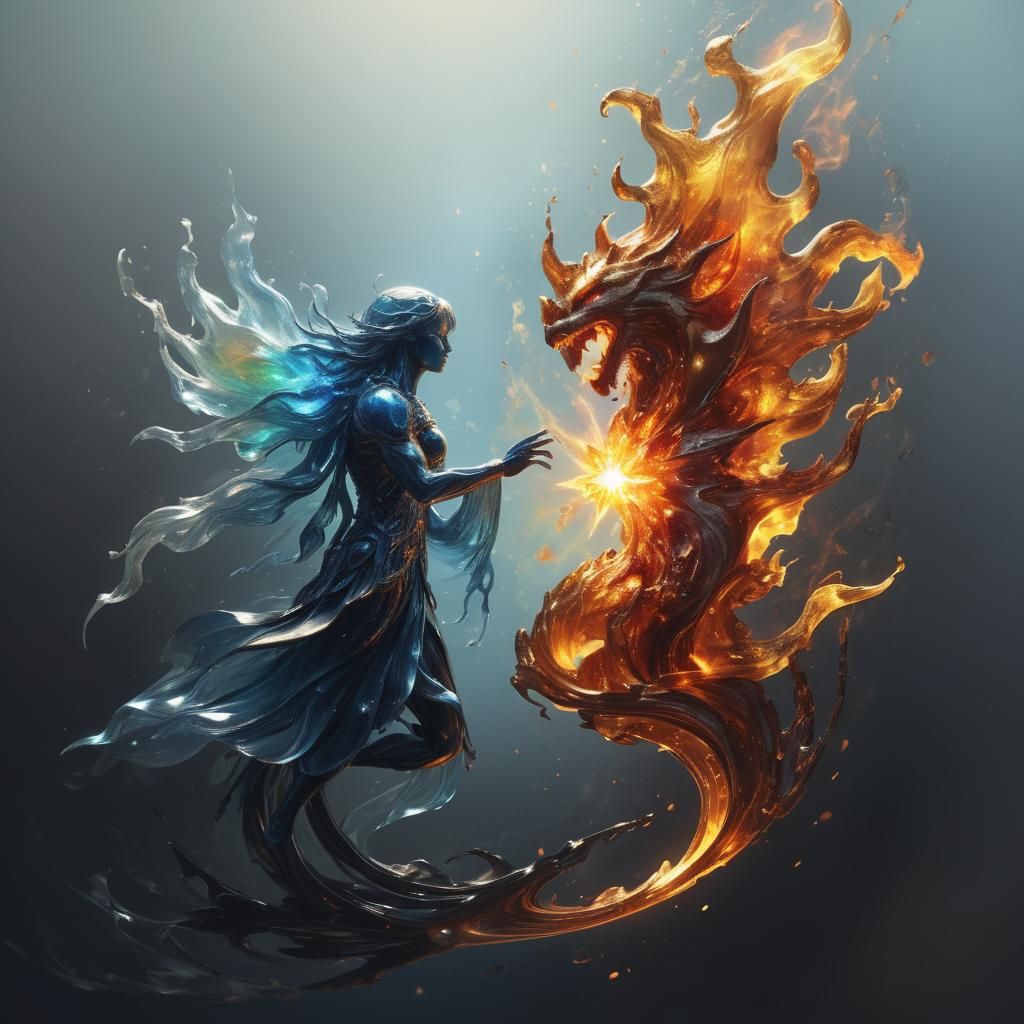 Bioluminescent Gemstone Surrounded by Fire and Water