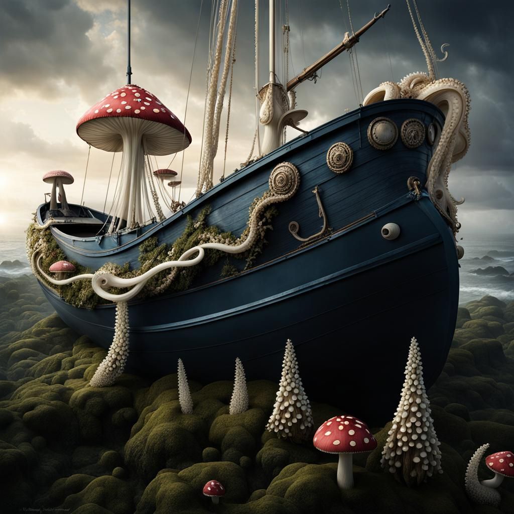 Octopus and Mushroom Sailboat in 3D Render