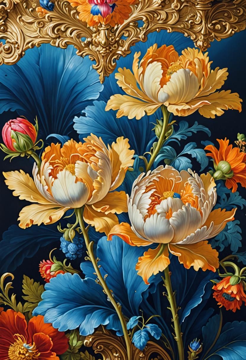 Floral Bouquet in Metallic Vase, Baroque Still Life