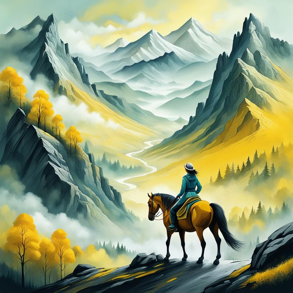Misty Mountain Landscape with Rider in Abstract Art