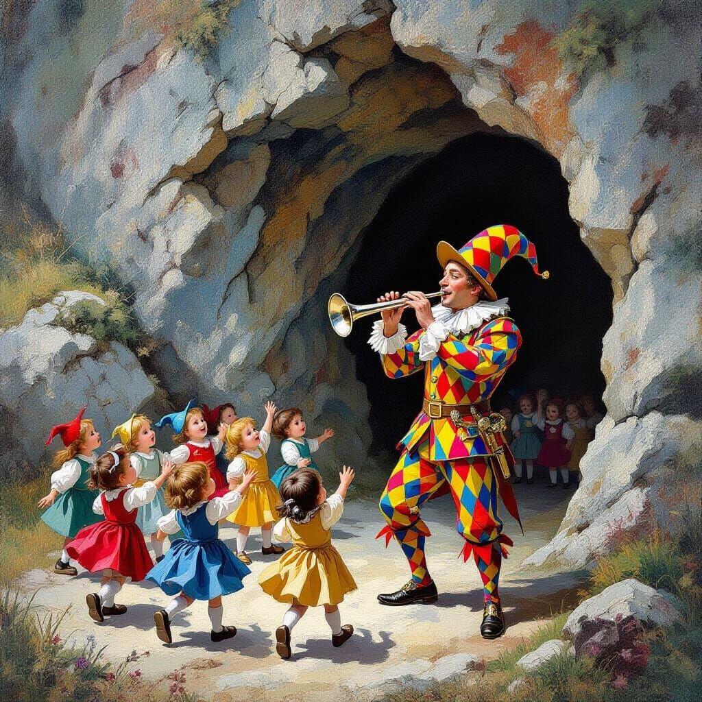 Pied Piper Leading Children as Impasto Painting