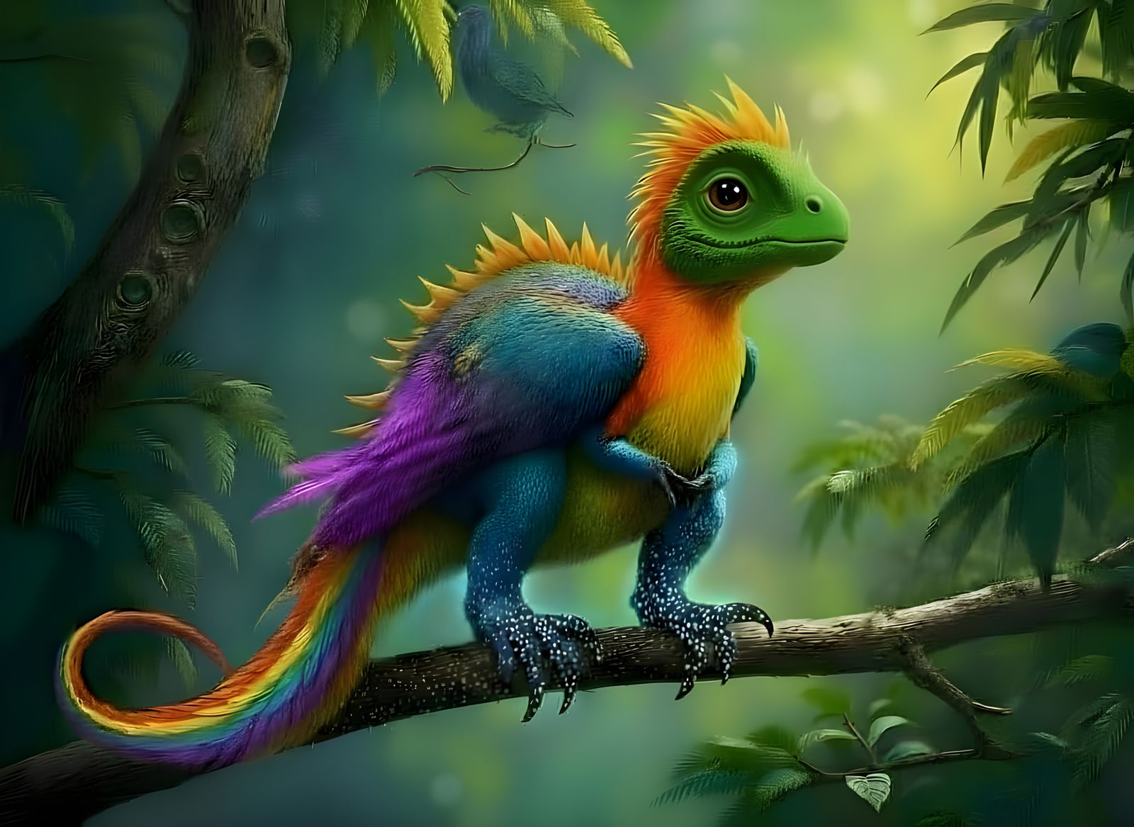 Colorful Feathered Dinosaur in Detailed Illustration