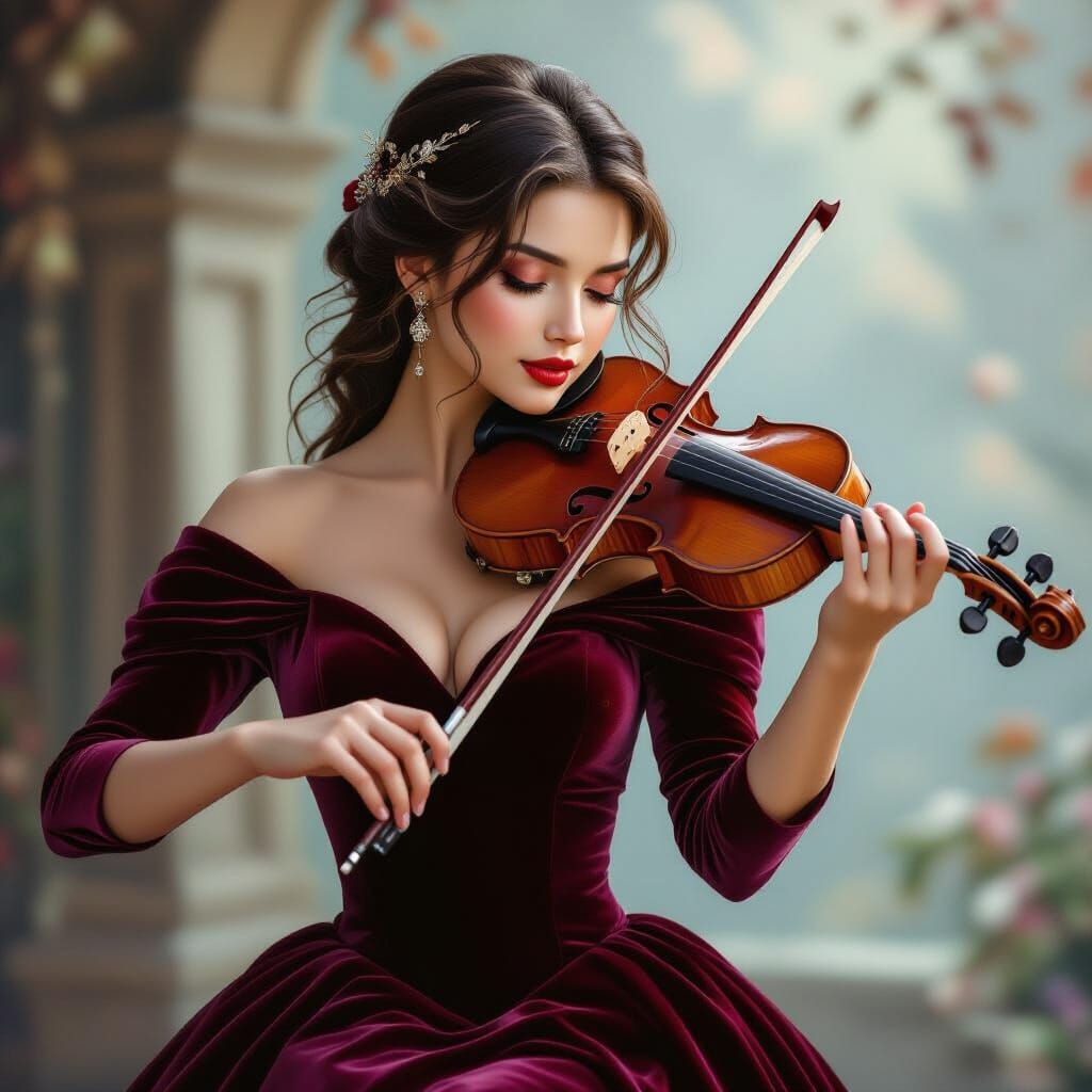 Elegant Lady in Maroon Dress Plays Violin