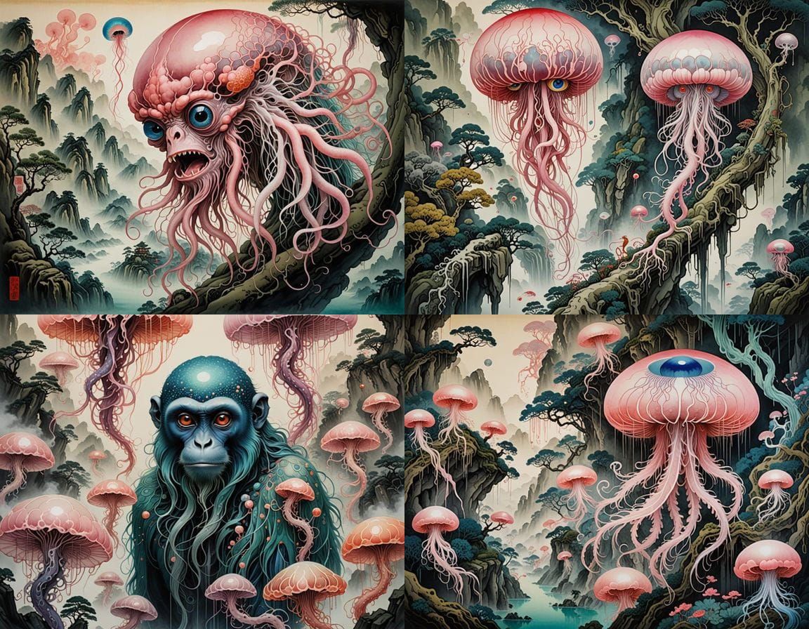 Ethereal Shan Shui Painting of a Mutant Homunculus
