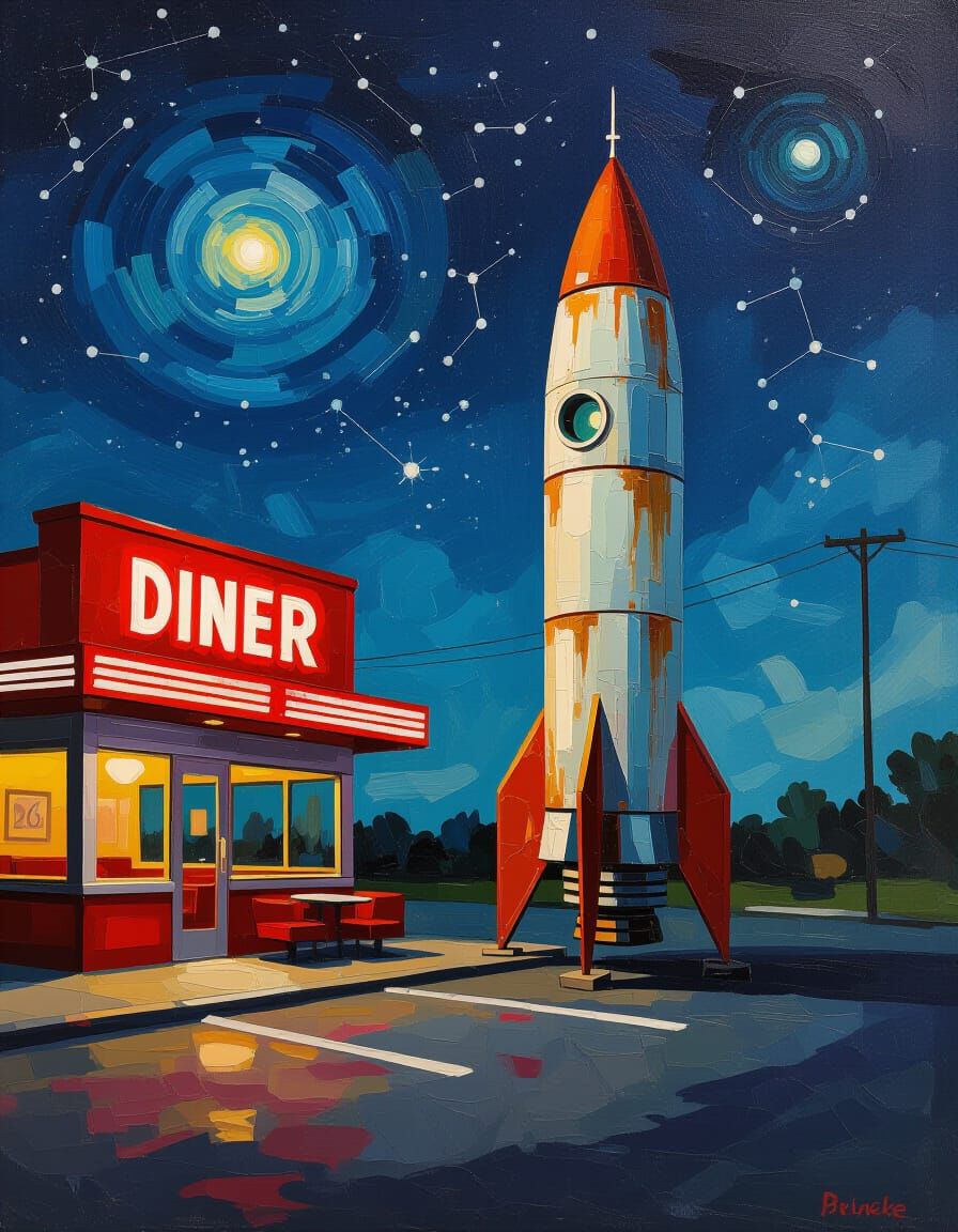 Vintage Diner with Rocketship as Impasto Oil Painting