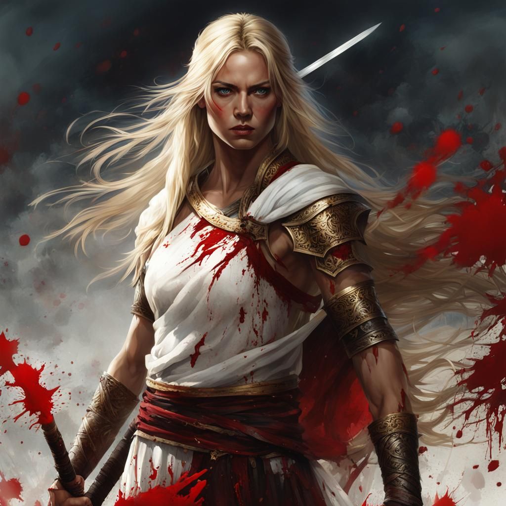 Blood-Splattered Blonde Warrior with Sword