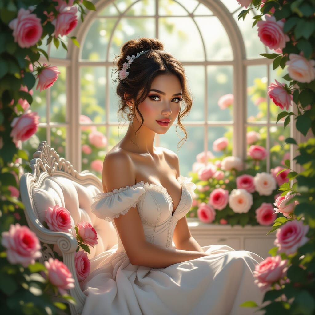 Radiant woman with soft updo and small floral hairpiece, fra...