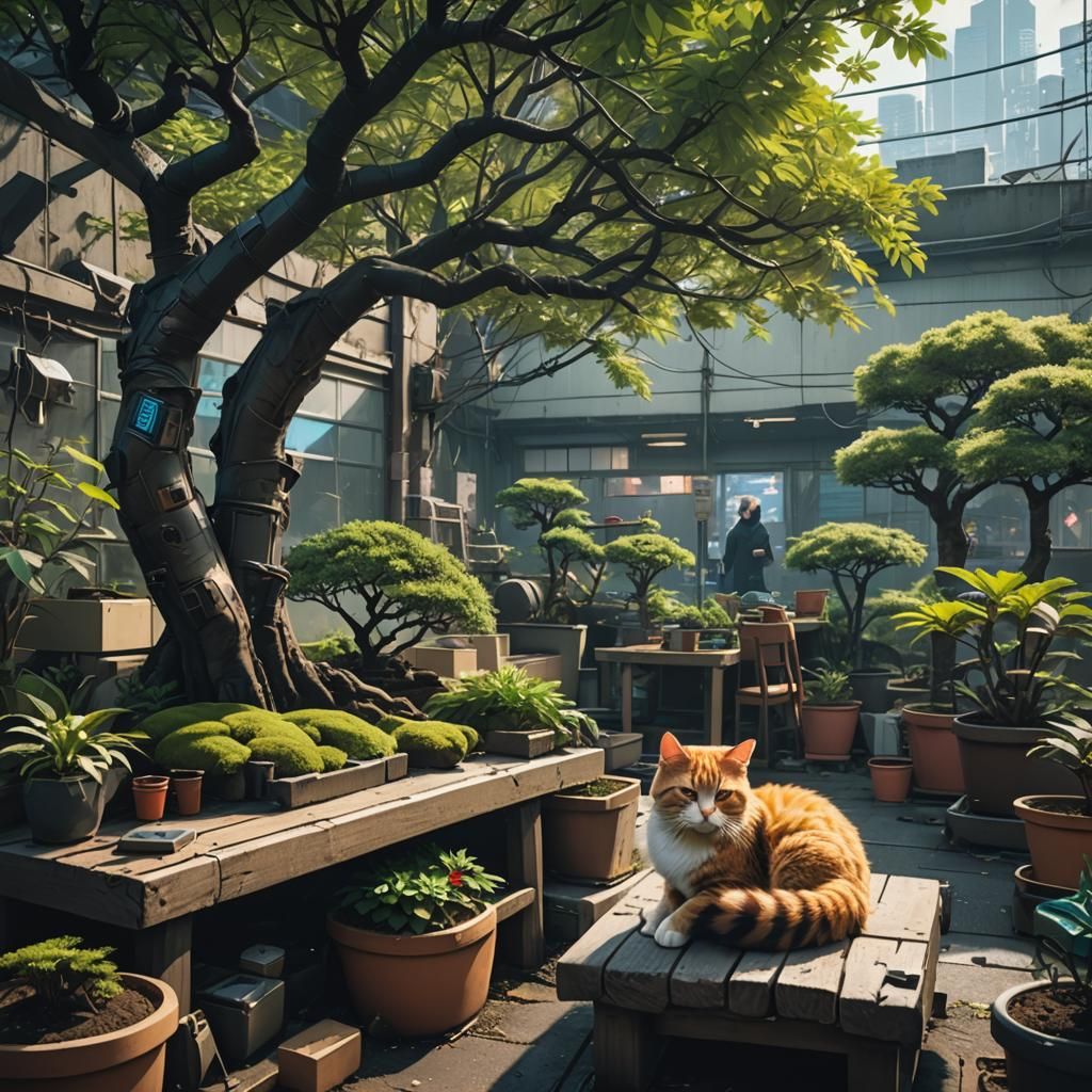 Cat Nap in Tokyo Bonsai Nursery: Cyberpunk Style