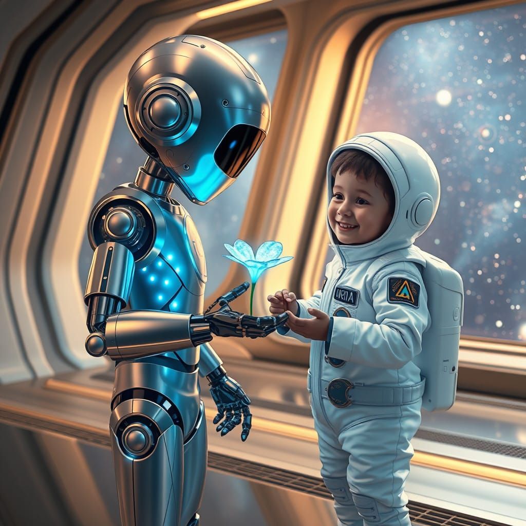 Humanoid Robot Offers Blue Flower to Curious Child on Futuri...