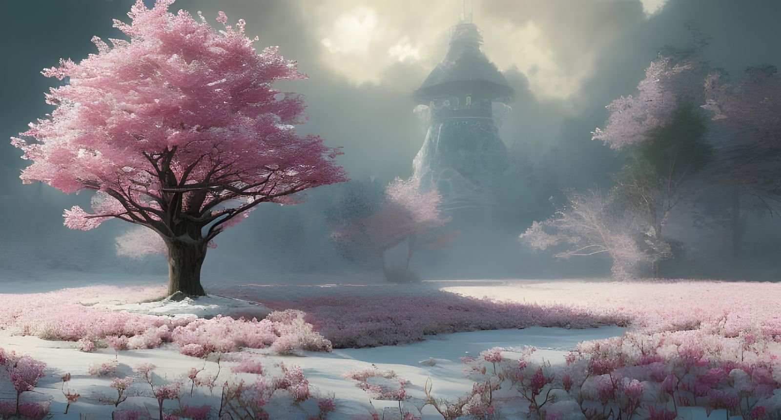 Magical Blossom Tree in Winter Landscape, Digital Art