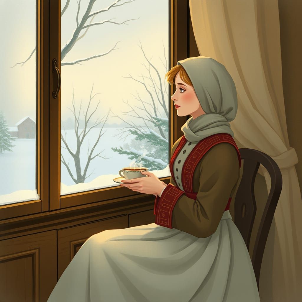 Nostalgic Russian Woman by Snowy Window