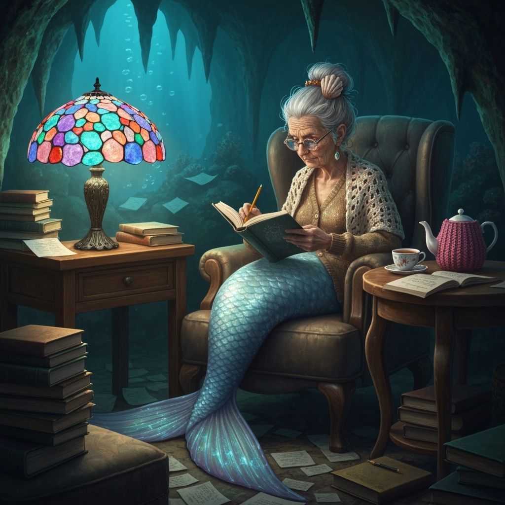 Mermaid Professor Reads by Tiffany Lamp in Underwater Study