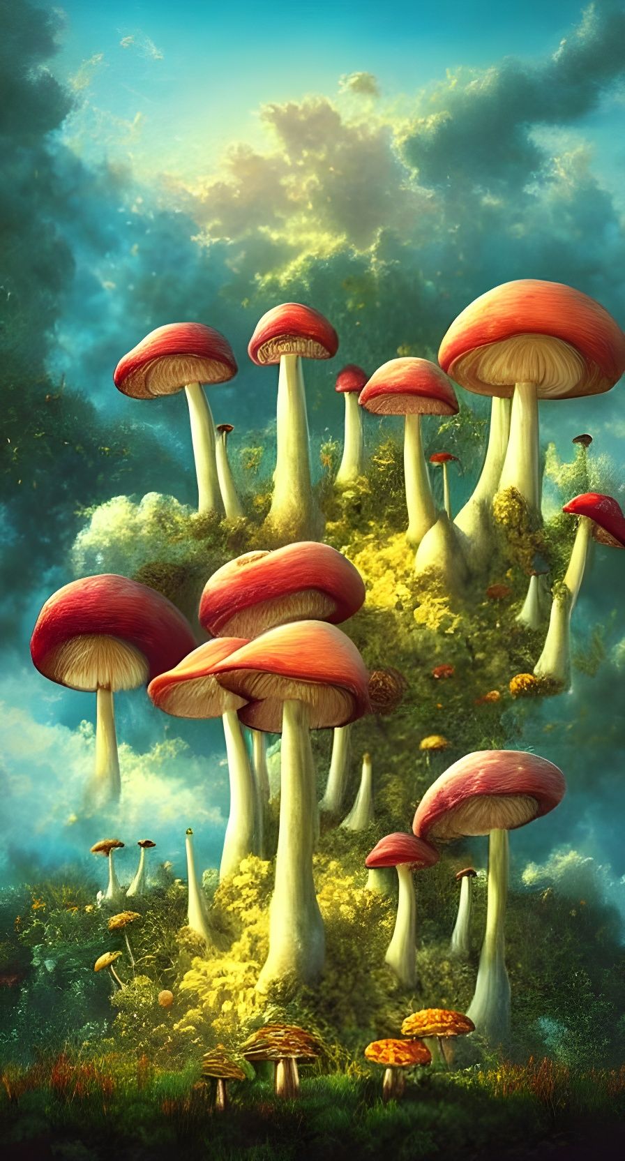Fantasy Dreamscape Painting with Mushrooms and Waterfalls