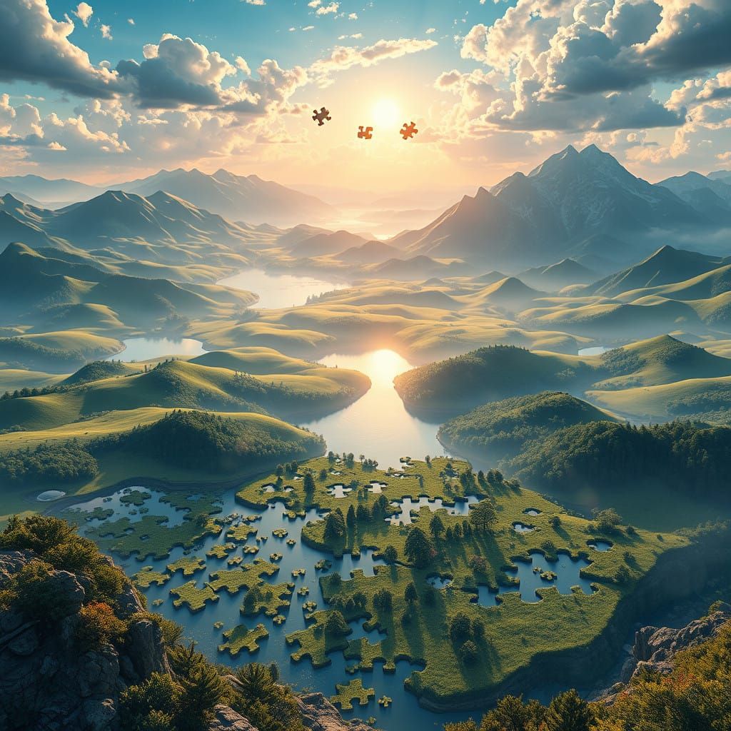 Serenely Realistic Landscape with 1000-Piece Puzzle Emerging...