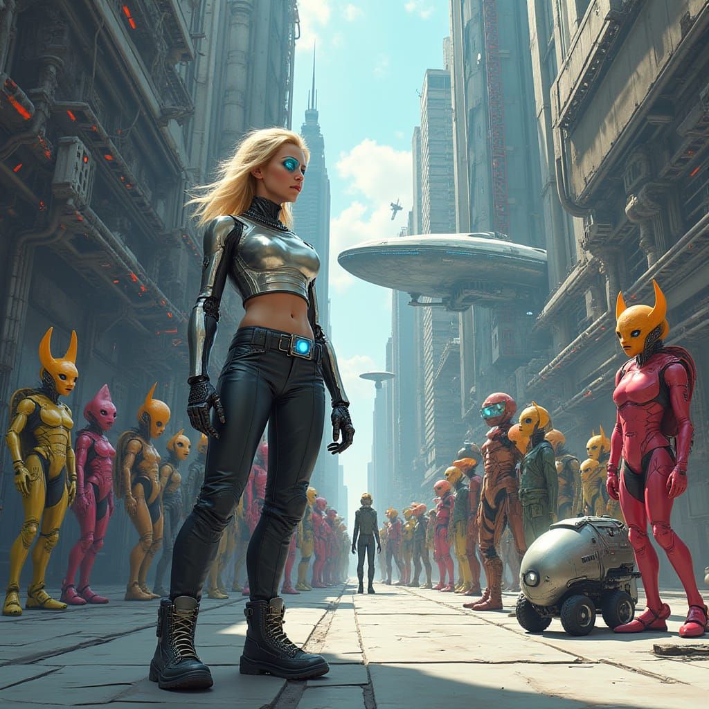 Blonde Woman and Robot Stand Tall in Futuristic Cityscape