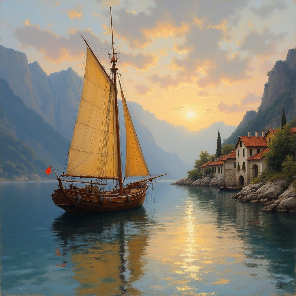 Peaceful Sunset Harbor Scene in Romantic Realism Style