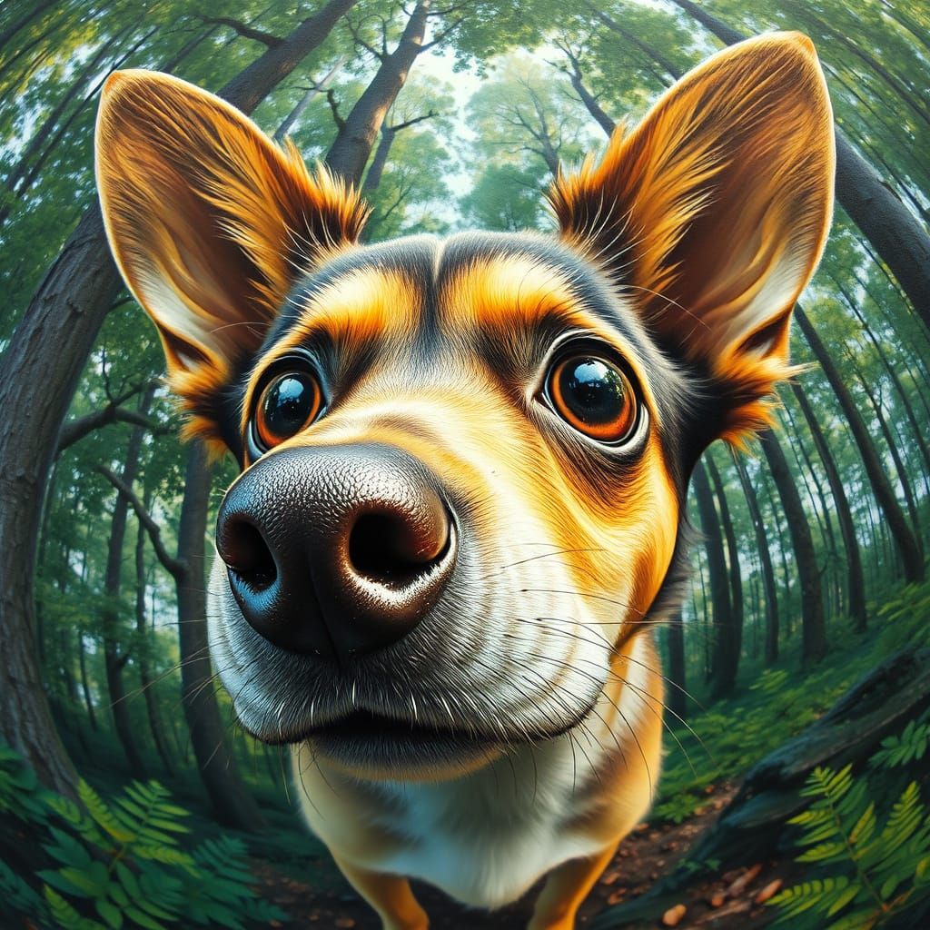 Cute Anamorphosis dog, with huge shiny Helical Solipsistic eyes,Solipsistic forest.
