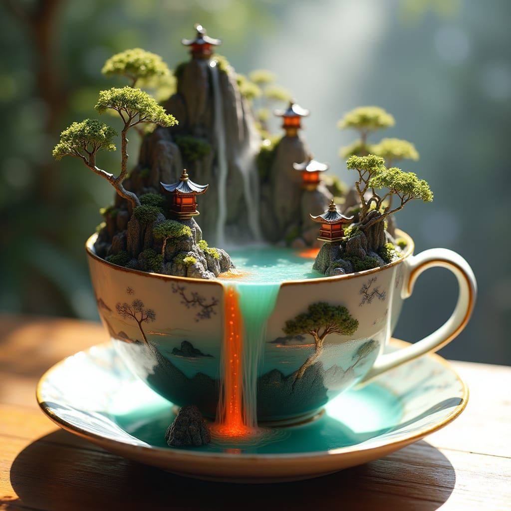 Porcelain Teacup with Fantastical Miniature Landscape in Pho...