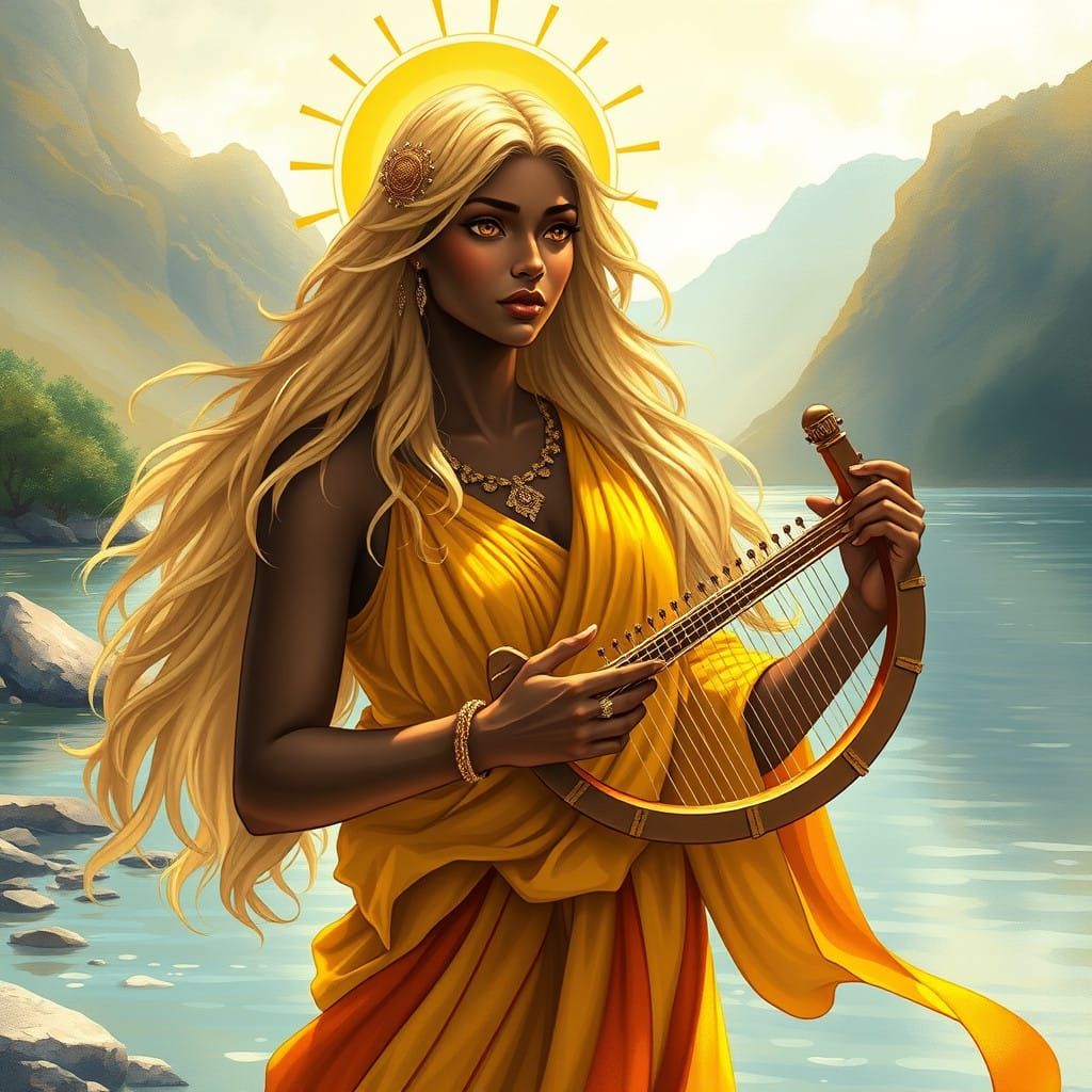 Ethereal Goddess in Vibrant Greek Attire, Serene by a Tranqu...