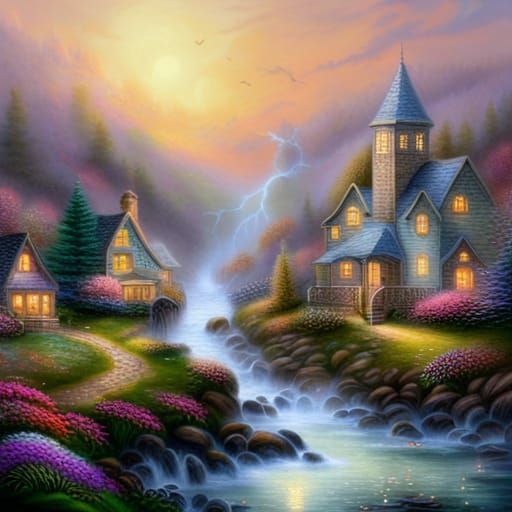 Ethereal Fantasy Landscape in Kinkade Style
