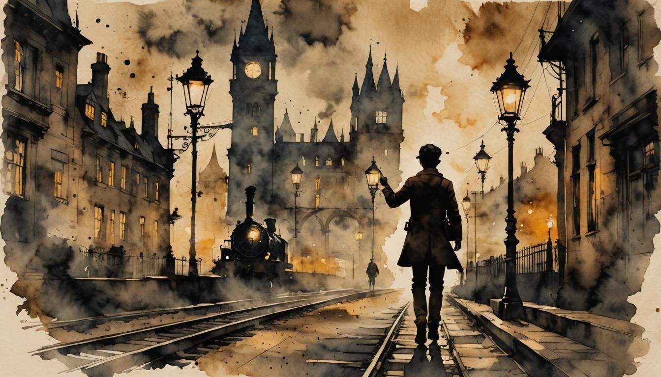 Boy Waving at Train in Steampunk London
