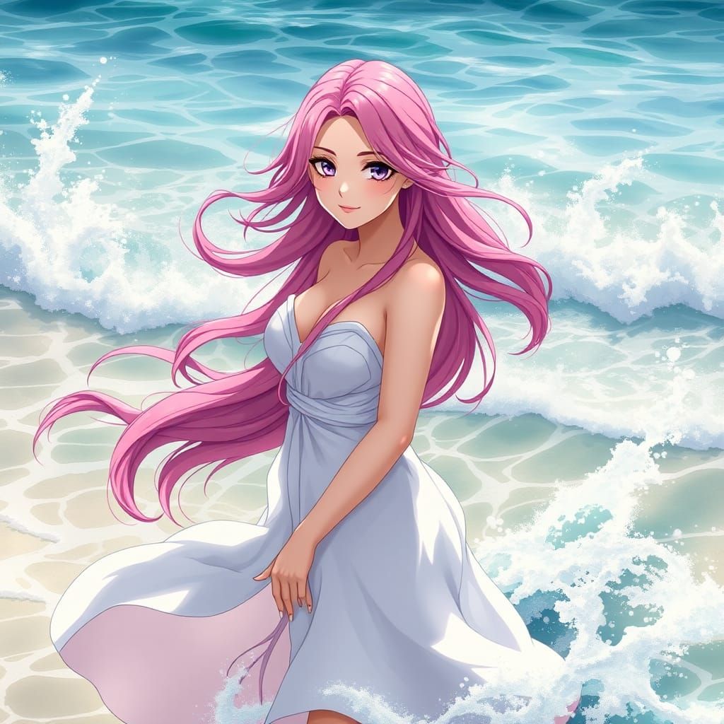 Pink-Haired Woman in Waves, Studio Trigger Anime Style