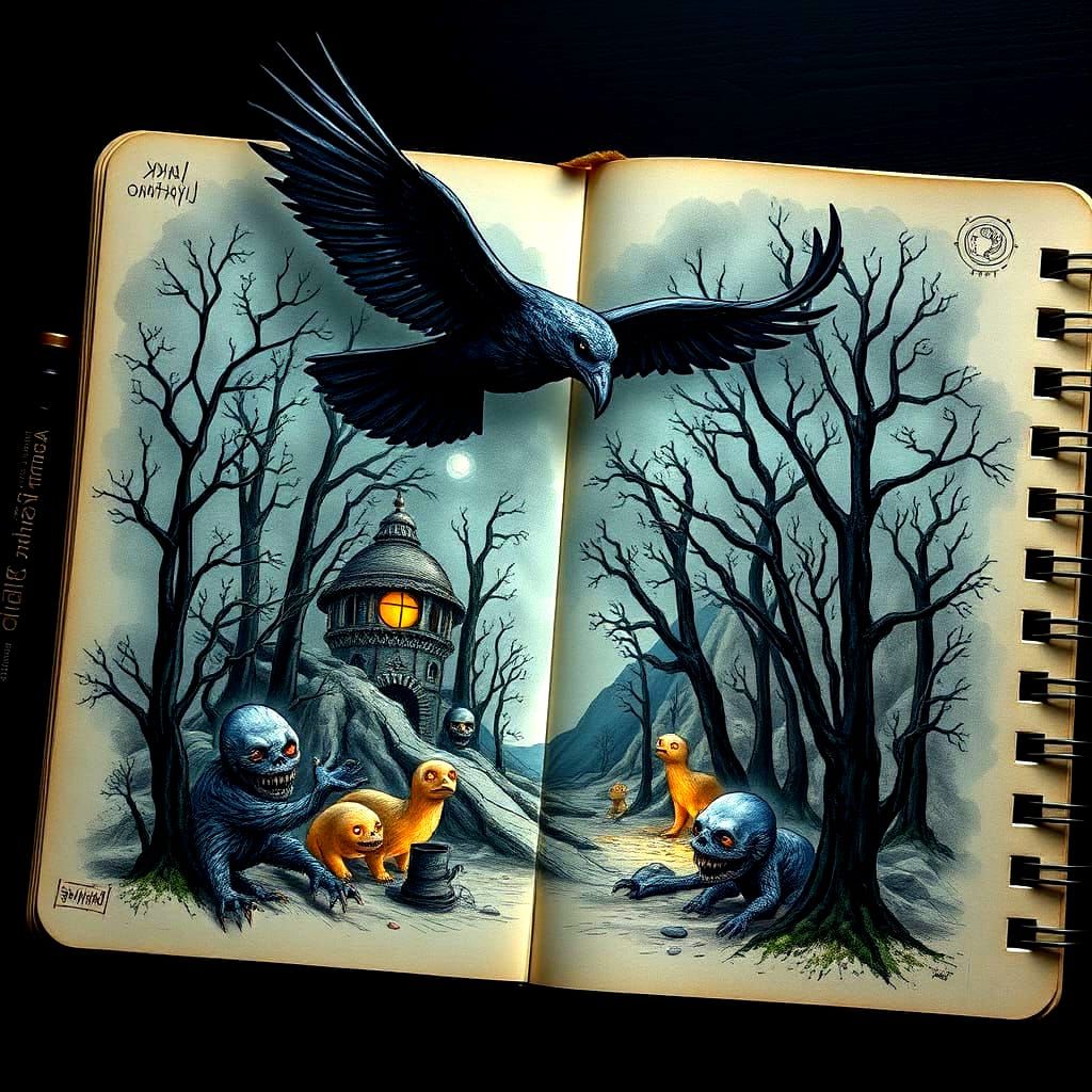 Whimsical Dark World Erupts on Notebook Page