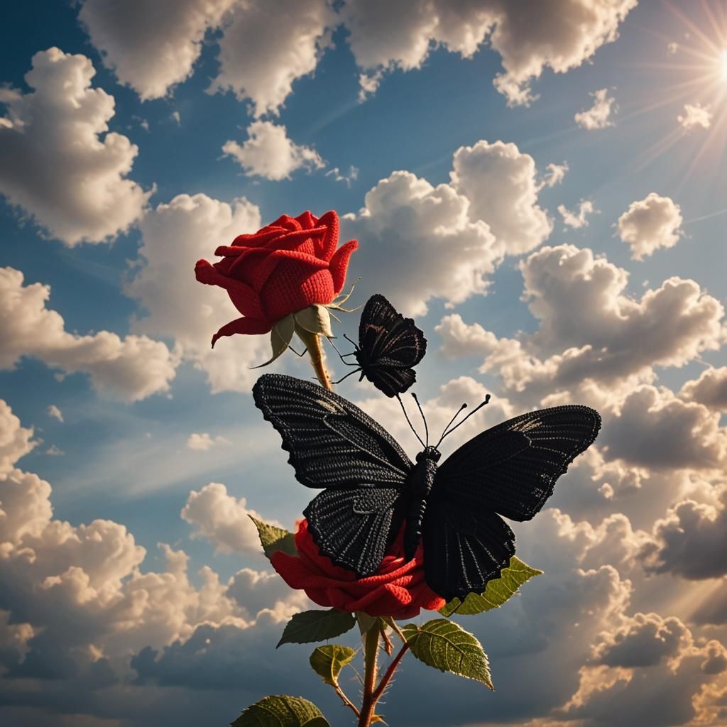 Knitted Black Butterfly on Red Rose