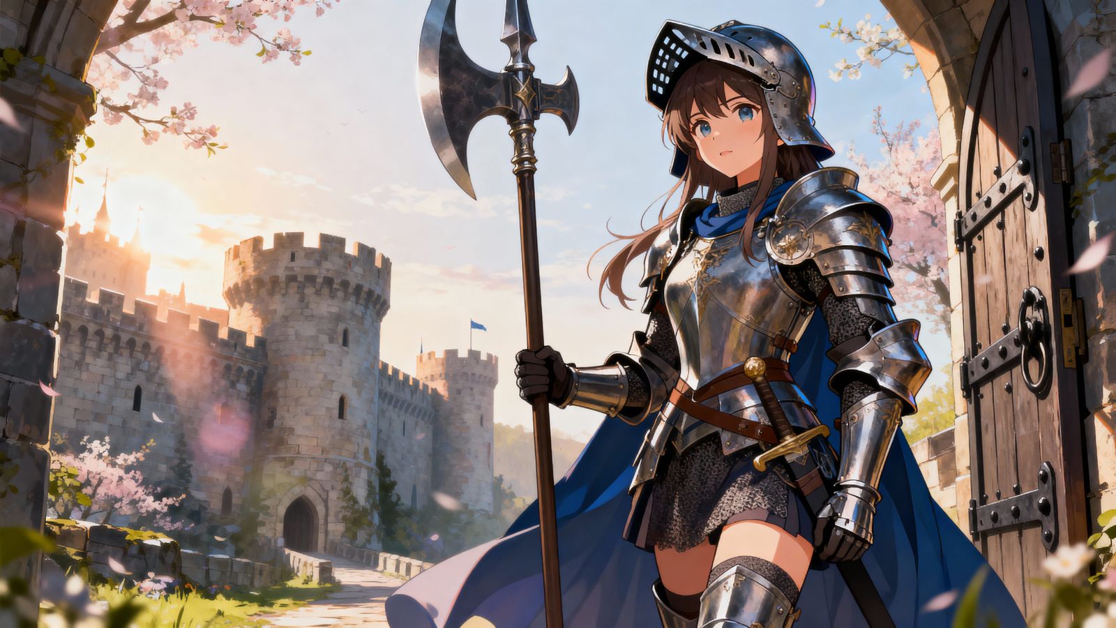 Fantasy Knight Girl Guards Castle Gate in Anime Style