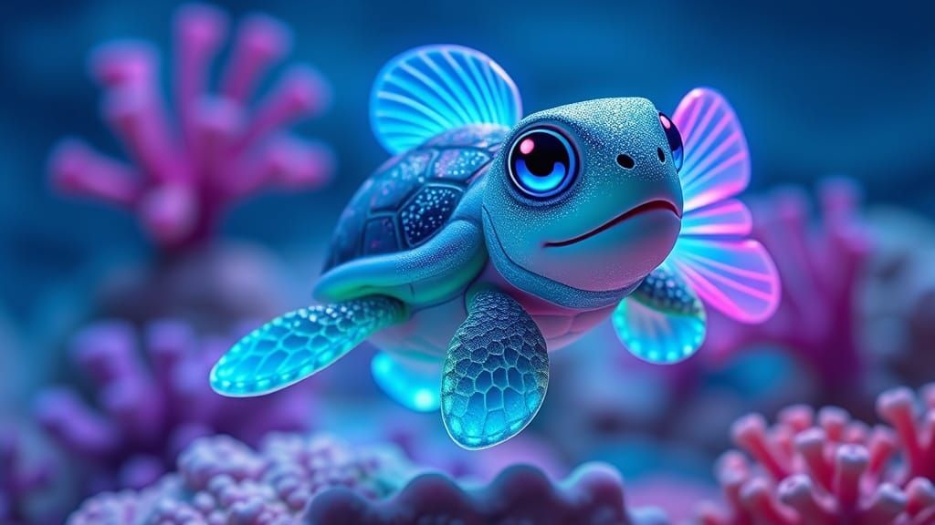 Cute Fantasy Turtle with Bioluminescent Fins