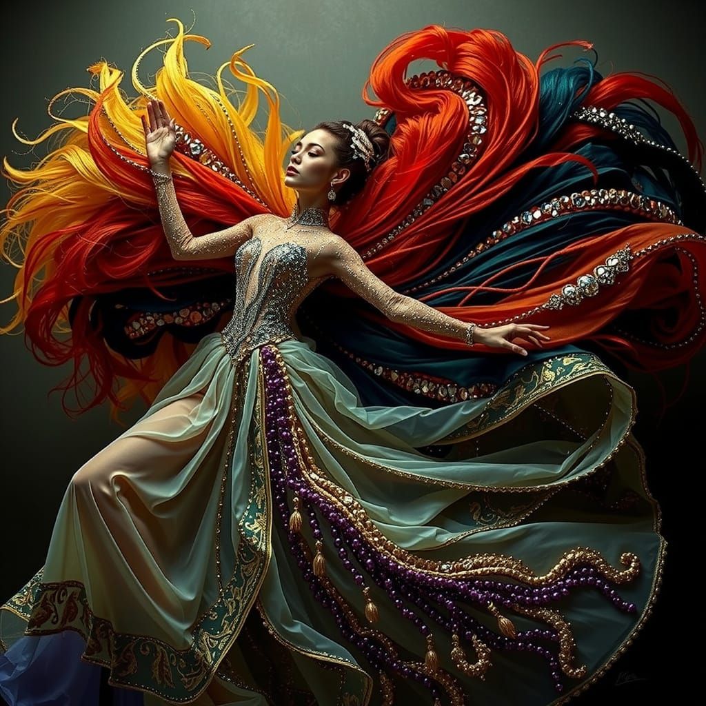 Glamorous Dancer in Haute Couture with Shimmering Colorful H...